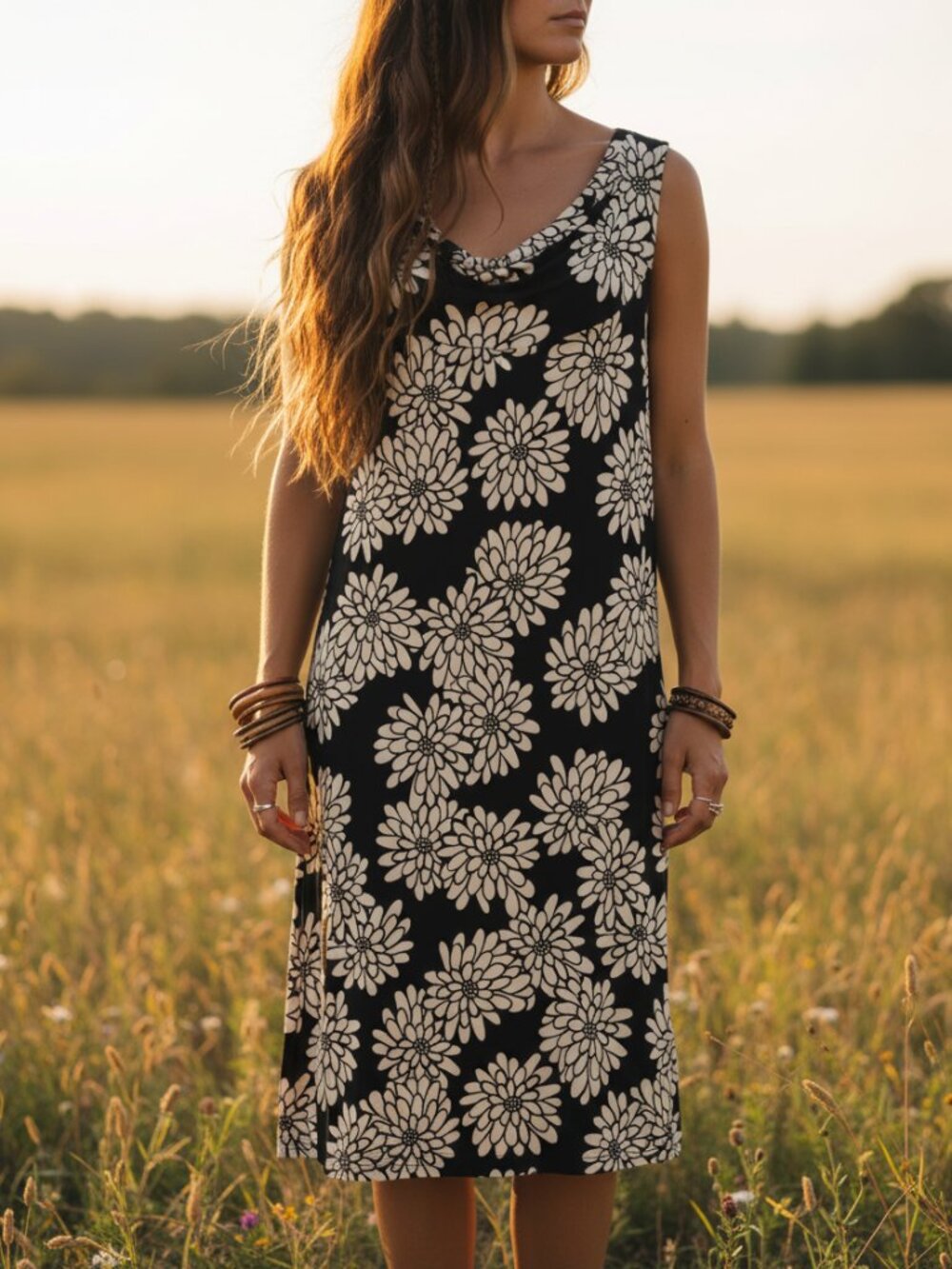 Liz Claiborne L Midi Tank Dress Black Beige Floral Drape Neck Boho Resort Office